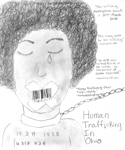 A cartoon victim of human trafficking