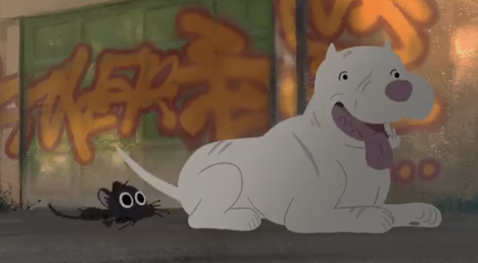 A screenshot from Disney Pixar's Kitbull on Youtube showing a small black kitten playing with a big white pit bull